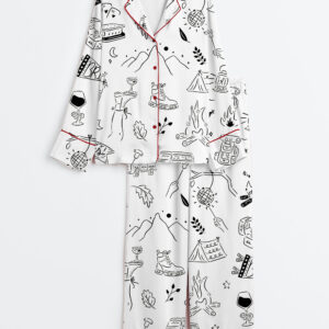 Womenâ€™s Camp Bachelorette Hand Drawn Mountain Hiking Glamping Girls Trip Print Long Sleeve Satin Pajama Set