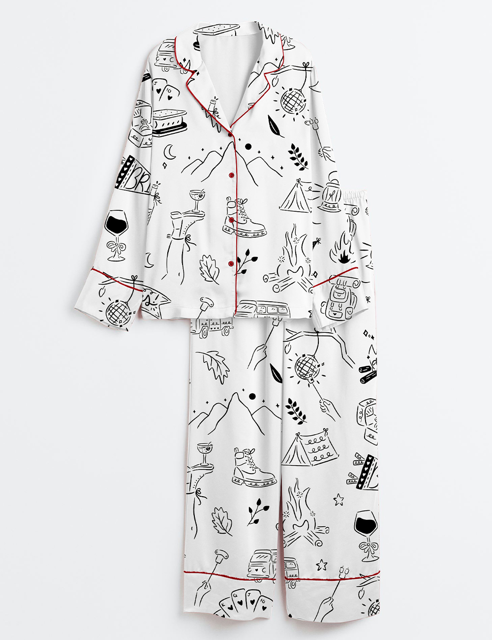 Womenâ€™s Camp Bachelorette Hand Drawn Mountain Hiking Glamping Girls Trip Print Long Sleeve Satin Pajama Set