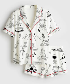 Women's Camp Bachelorette Hand Drawn Mountain Hiking Glamping Girls Trip Print Short Sleeve Satin Pajama Set