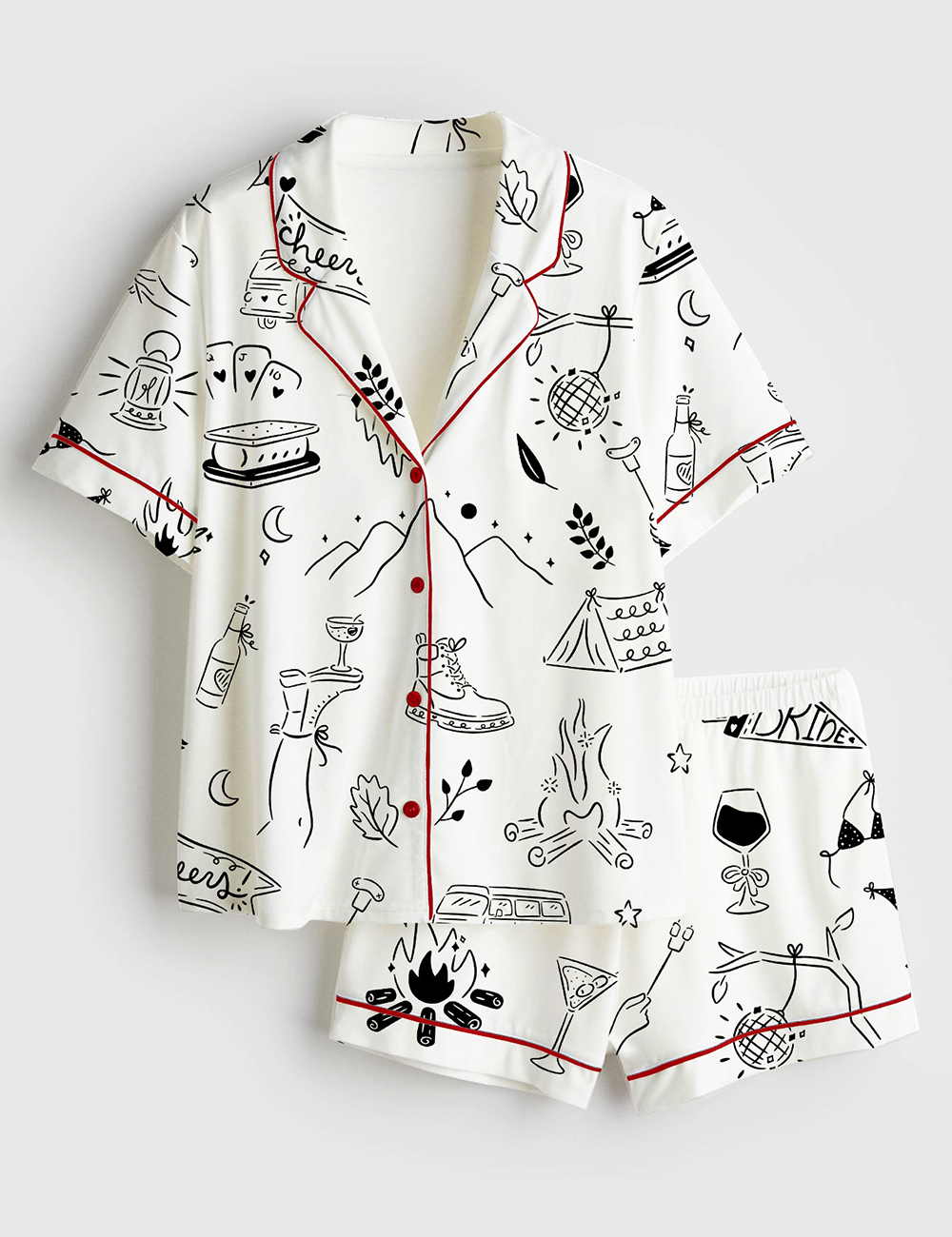 Womenâ€™s Camp Bachelorette Hand Drawn Mountain Hiking Glamping Girls Trip Print Short Sleeve Satin Pajama Set