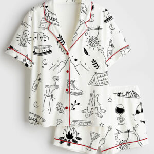 Women's Camp Bachelorette Hand Drawn Mountain Hiking Glamping Girls Trip Print Short Sleeve Satin Pajama Set