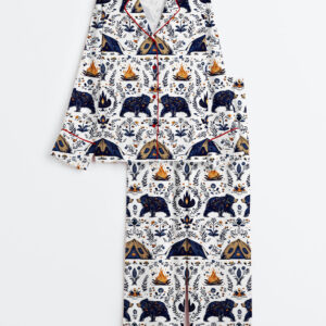 Women's Camping Animals Forest Bear Woodland Hiking Adventure  Tent Campfire Van Long Sleeve Satin Pajamas Set