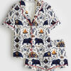 Womenâ€™s Camping Animals Forest Bear Woodland Hiking Adventure  Tent Campfire Van Short Sleeve Satin Pajama Set