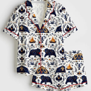 Women's Camping Animals Forest Bear Woodland Hiking Adventure  Tent Campfire Van Short Sleeve Satin Pajama Set