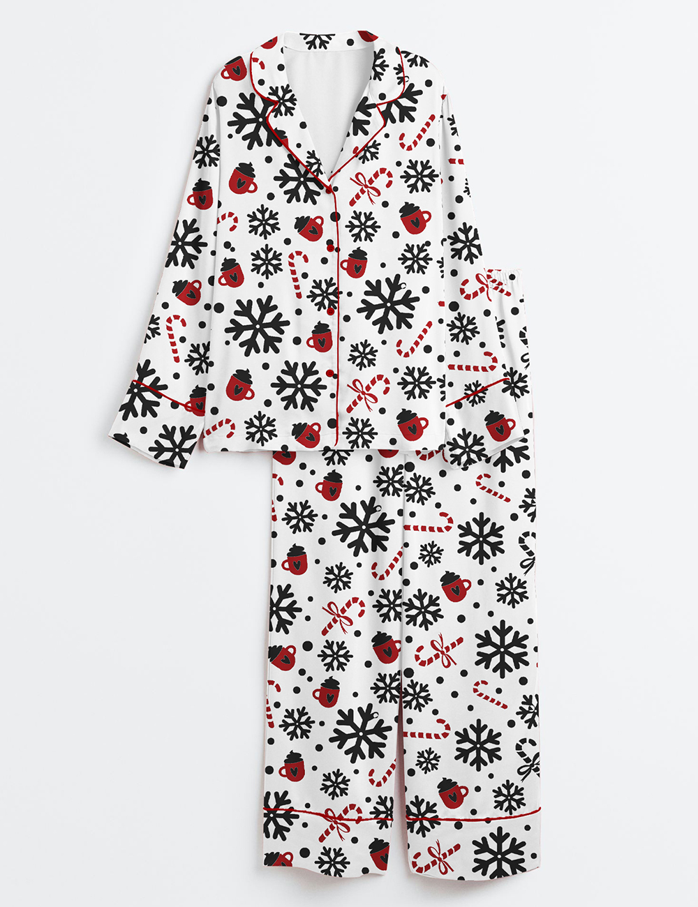 Women's Candy Snow Snowflake Winter Christmas Coffee Long Sleeve Satin Pajamas Set