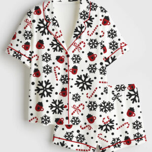 Women's Candy Snow Snowflake Winter Christmas Coffee Short Sleeve Satin Pajama Set