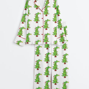 Womenâ€™s Cartoon Christmas Tree With The Grinch Hand Long Sleeve Satin Pajama Set