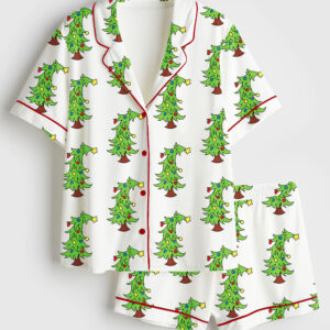 Womenâ€™s Cartoon Christmas Tree With The Grinch Hand Short Sleeve Satin Pajama Set