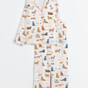 Women's Cat Breeds Long Sleeve Satin Pajamas Set