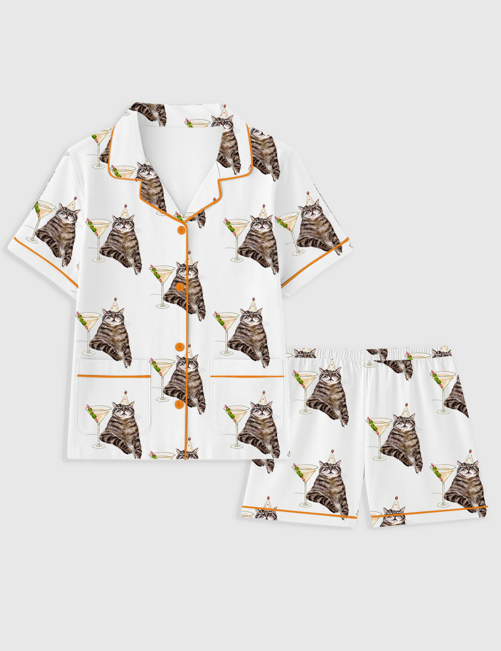 Women's Cat Drinks Espresso Martini Cocktail Short Sleeve Pocket Cotton Pajama Set