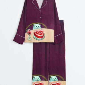 Women's Cat Eats Cake And Drink Wine Long Sleeve Satin Pajama Set