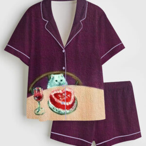 Womenâ€™s Cat Eats Cake And Drink Wine Short Sleeve Satin Pajama Set