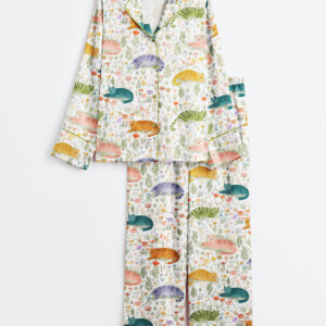 Women's Cat Flower Cat Lover Long Sleeve Satin Pajamas Set