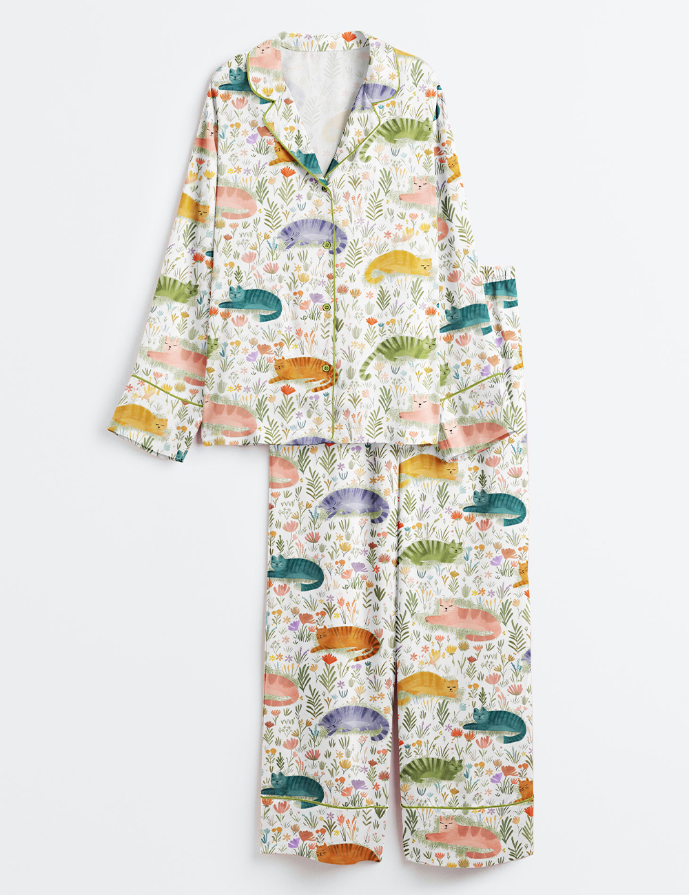 Women's Cat Flower Cat Lover Long Sleeve Satin Pajamas Set