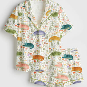 Womenâ€™s Cat Flower Cat Lover Short Sleeve Satin Pajama Set