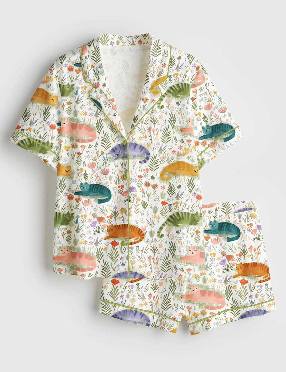 Womenâ€™s Cat Flower Cat Lover Short Sleeve Satin Pajama Set