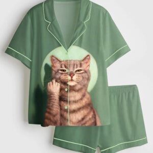 Women's Cat Giving The Middle Finger Short Sleeve Satin Pajamas Set