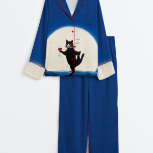 Women's Cat Holding A Knife And Drinking Wine Take It Easy Long Sleeve Satin Pajama Set