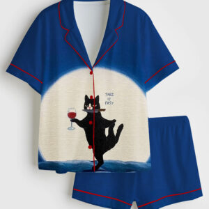 Womenâ€™s Cat Holding A Knife And Drinking Wine Take It Easy Short Sleeve Satin Pajama Set