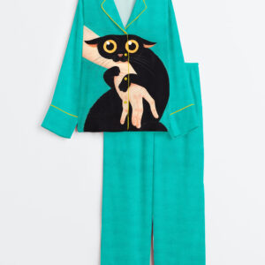 Womenâ€™s Cat Holding Human Hand Long Sleeve Satin Pajama Set