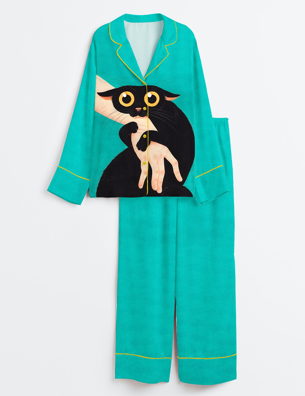 Womenâ€™s Cat Holding Human Hand Long Sleeve Satin Pajama Set