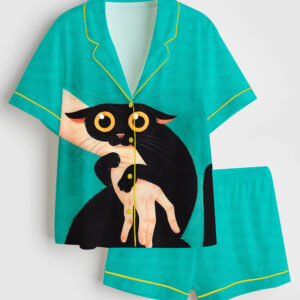 Women's Cat Holding Human Hand Short Sleeve Satin Pajama Set
