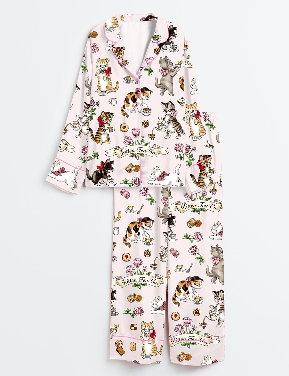 Womenâ€™s Cat Tea Party Long Sleeve Satin Pajama Set