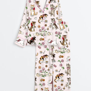 Women's Cat Tea Party Long Sleeve Satin Pajamas Set