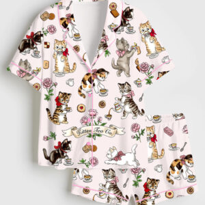 Womenâ€™s Cat Tea Party Short Sleeve Satin Pajama Set