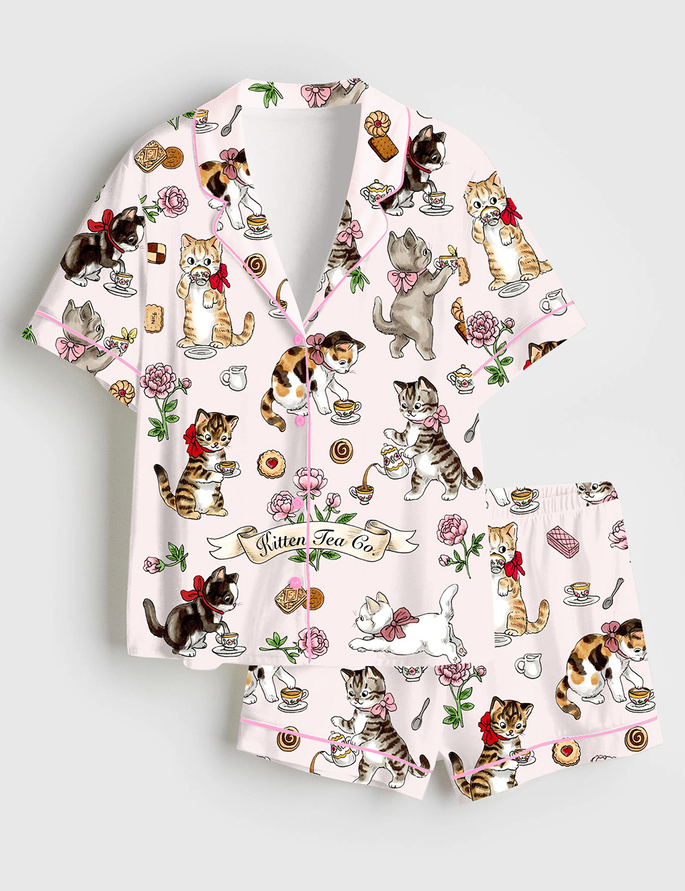 Womenâ€™s Cat Tea Party Short Sleeve Satin Pajama Set
