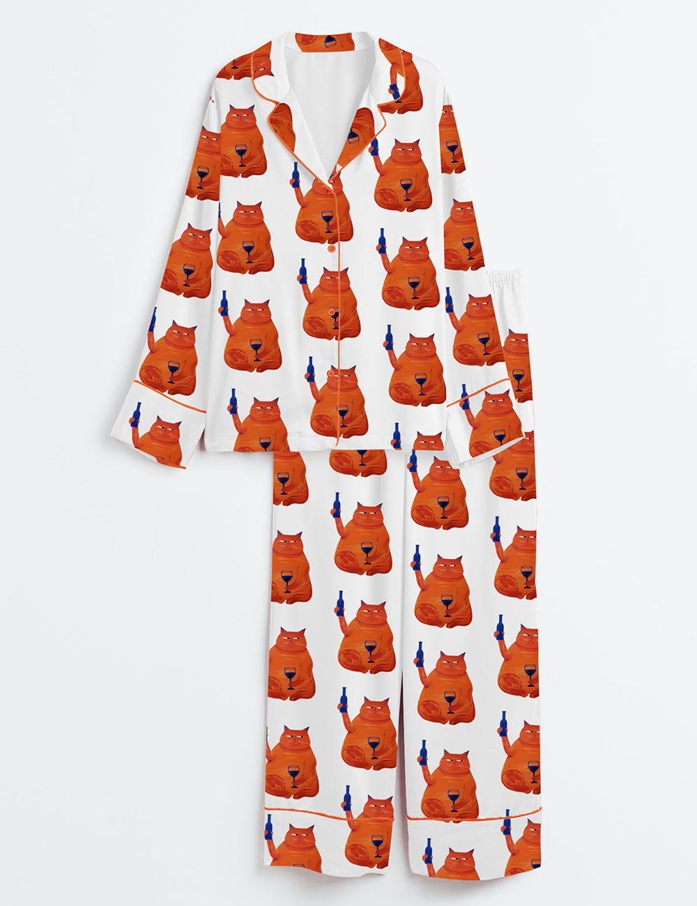 Womenâ€™s Cat Wine Cheers Long Sleeve Satin Pajama Set