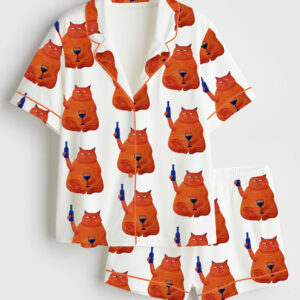 Womenâ€™s Cat Wine Cheers Short Sleeve Satin Pajama Set