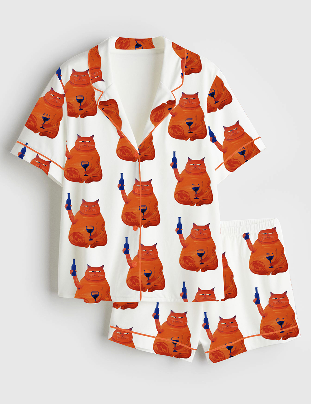 Womenâ€™s Cat Wine Cheers Short Sleeve Satin Pajama Set