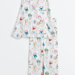 Womenâ€™s Cat With A Bow Playing With Balls Of Yarn And Potted Plant Long Sleeve Satin Pajama Set