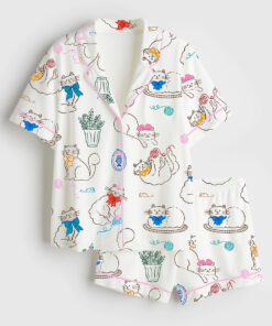 Women's Cat With A Bow Playing With Balls Of Yarn And Potted Plant Short Sleeve Satin Pajama Set