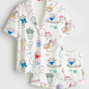 Womenâ€™s Cat With A Bow Playing With Balls Of Yarn And Potted Plant Short Sleeve Satin Pajama Set