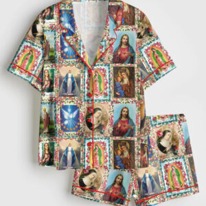 Women's Catholic Saints Jesus Faith God Short Sleeve Satin Pajama Set