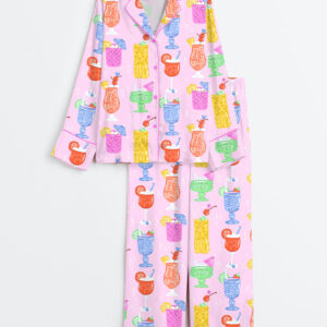 Womenâ€™s Cats Cocktails Summer Drinking Long Sleeve Satin Pajama Set