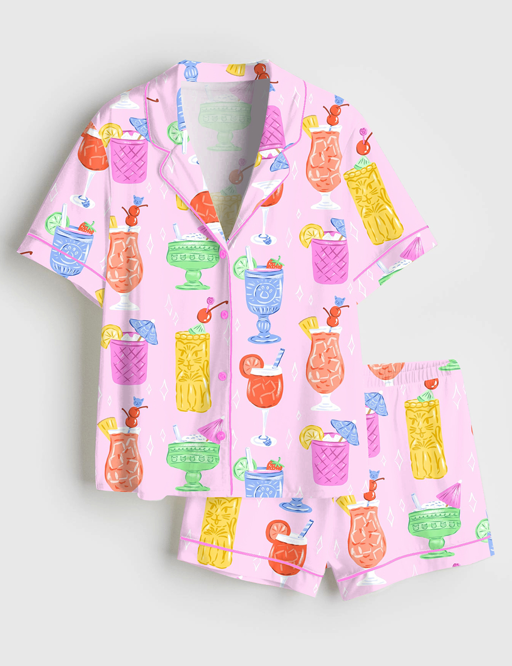 Womenâ€™s Cats Cocktails Summer Drinking Short Sleeve Satin Pajama Set