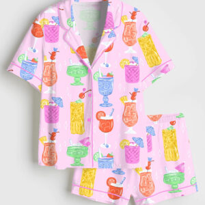 Women's Cats Cocktails Summer Drinking Short Sleeve Satin Pajama Set