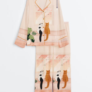 Womenâ€™s Cats Watching Birds In Window Cat Lover Long Sleeve Satin Pajama Set