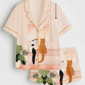 Womenâ€™s Cats Watching Birds In Window Cat Lover Short Sleeve Satin Pajama Set