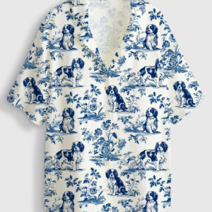 Womenâ€™s Cavalier King Charles Spaniel French Dog Short Sleeve Linen Blend Hawaiian Shirt