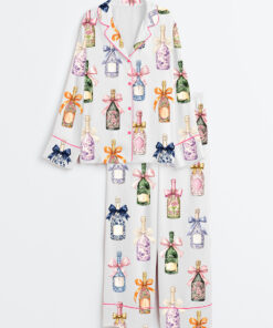 Women's Champagne And Bows Wedding Long Sleeve Satin Pajama Set