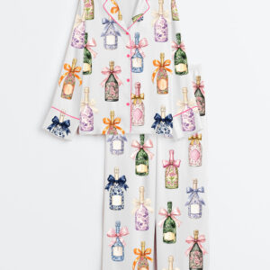 Womenâ€™s Champagne And Bows Wedding Long Sleeve Satin Pajama Set