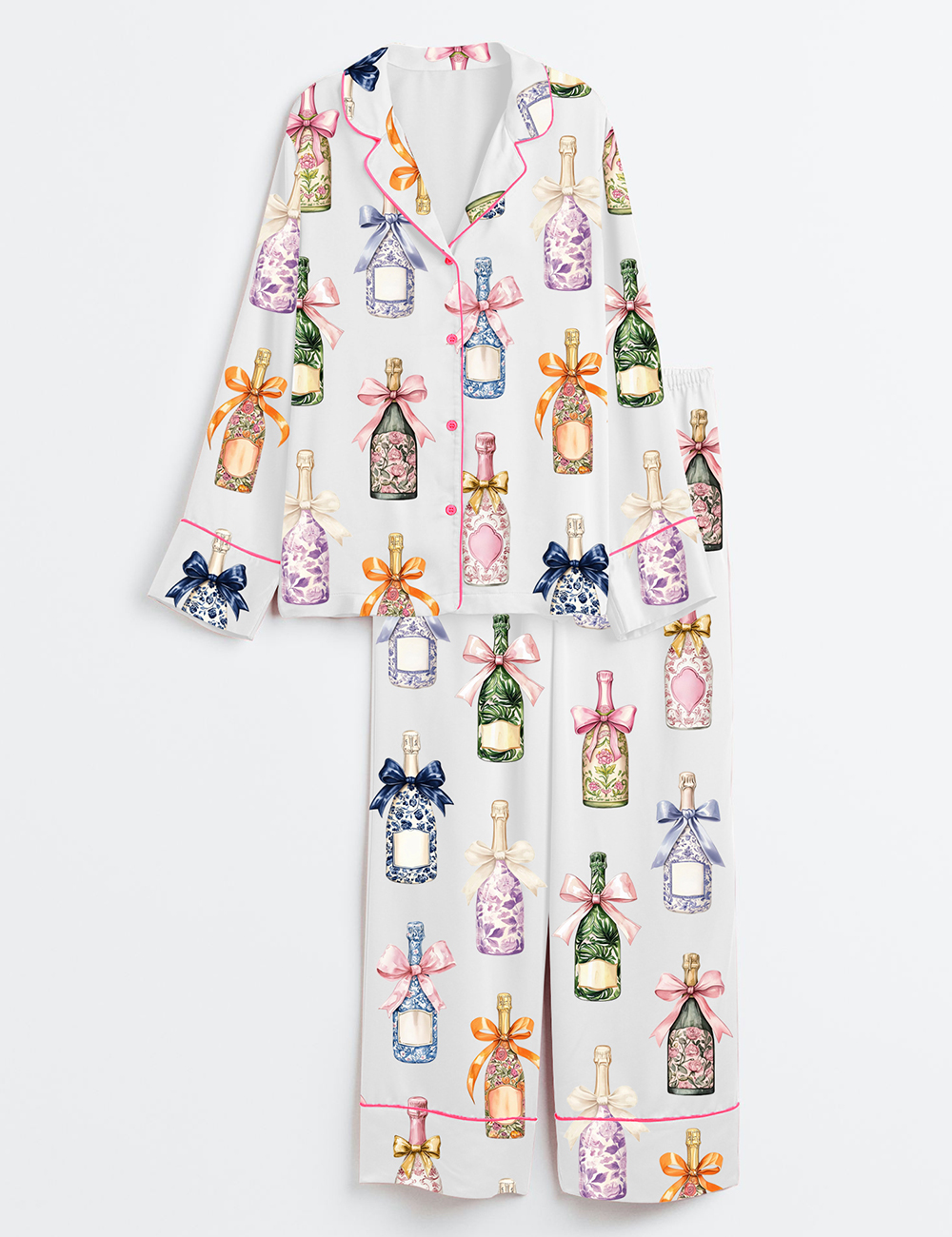 Womenâ€™s Champagne And Bows Wedding Long Sleeve Satin Pajama Set