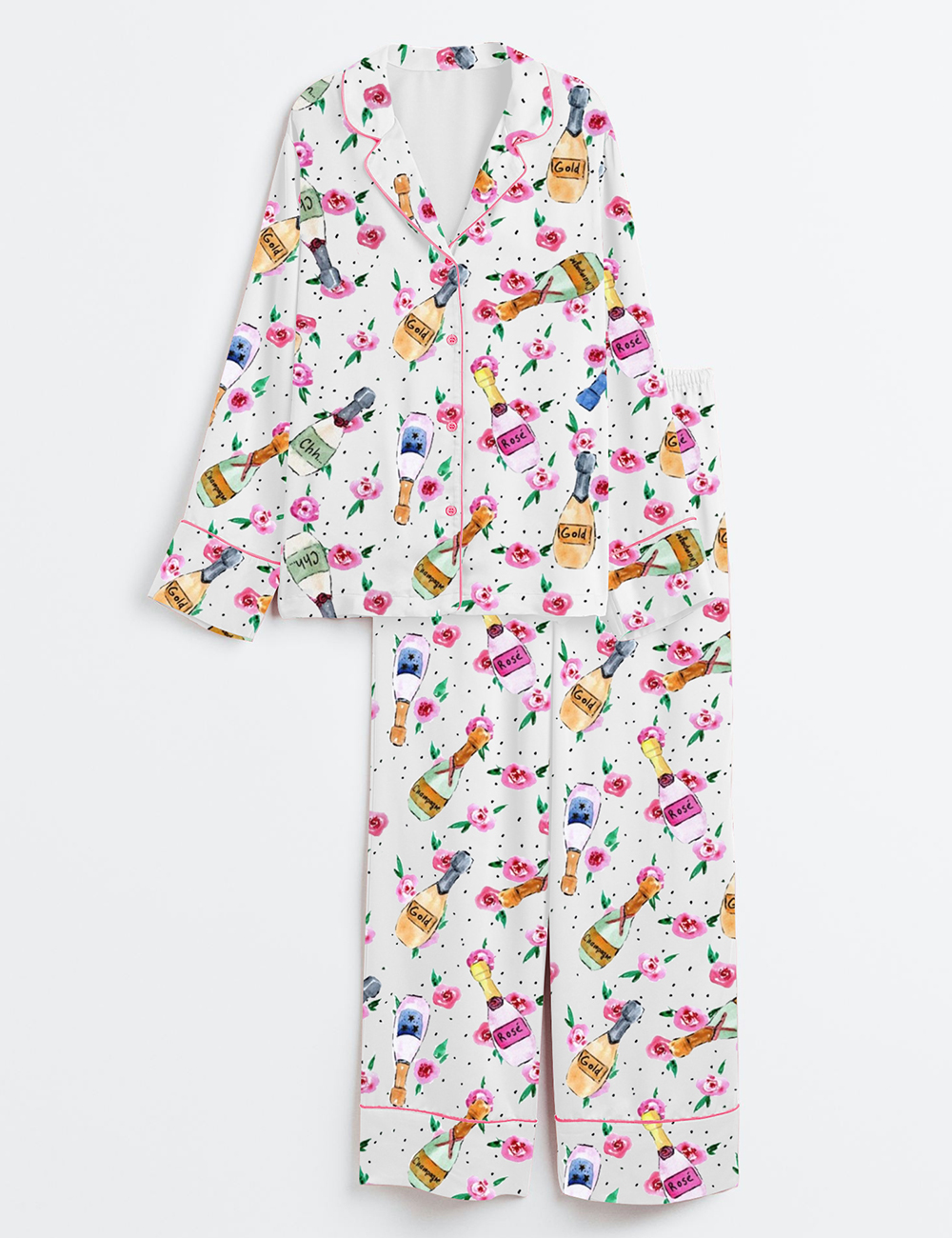 Womenâ€™s Champagne And Roses Long Sleeve Satin Pajama Set