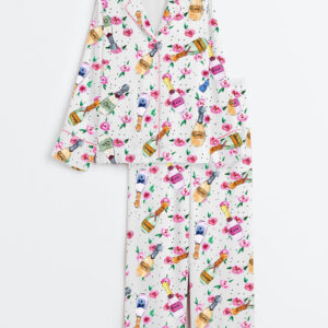 Women's Champagne And Roses Long Sleeve Satin Pajamas Set