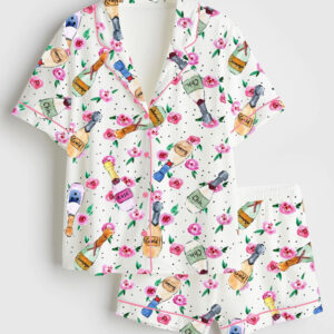 Women's Champagne And Roses Short Sleeve Satin Pajama Set