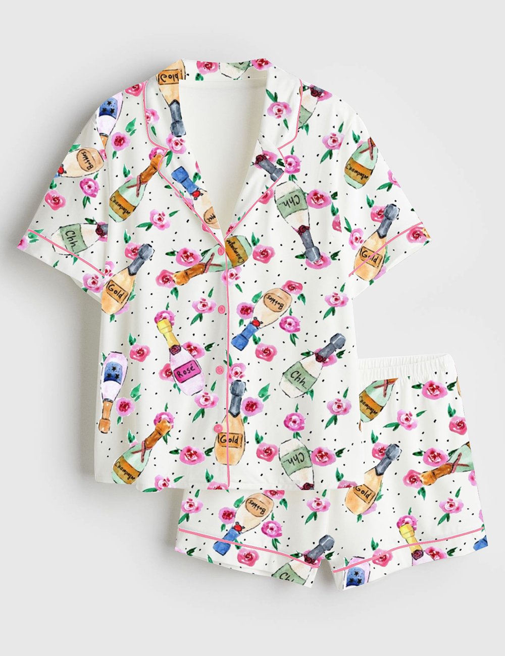 Womenâ€™s Champagne And Roses Short Sleeve Satin Pajama Set